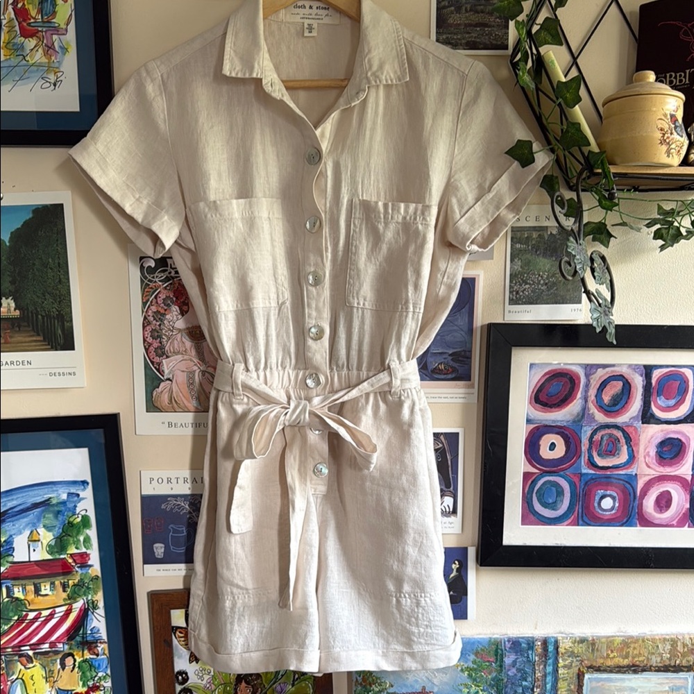 Cloth & Stone Anthropologie Linen Short Romper Short Sleeves Belted Shortall XS